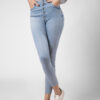 Jean Skinny stretch, tiro alto, tono celeste hielo, cierre con botones