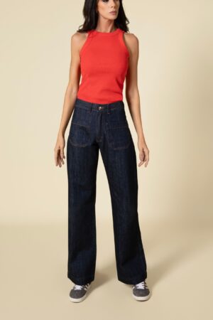 Jean tiro alto wide leg, bolsillos en parche, estilo vaquero, azul marengo Cod 240926