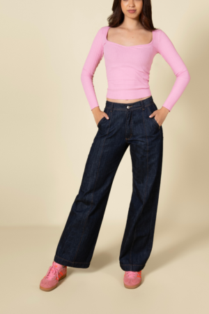 Jean Wide Leg Tiro Medio Pretina Elástica Denim Azul Índigo Ref: 240933