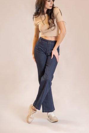 Jean wide leg tiro alto azul índigo profundo denim licrado con pinza ref: 249035