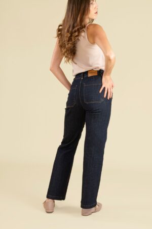 Jean wide leg tiro alto azul índigo profundo denim licrado con pinza ref 249035