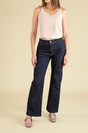 Jean wide leg tiro alto azul índigo profundo denim licrado con pinza ref 249035